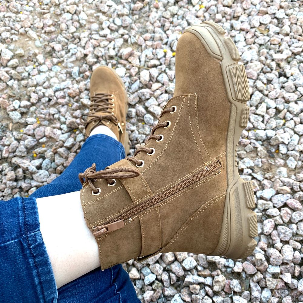 New Camel Brown Lace Zip Up Combat Moto Boots - Picture 3 of 7